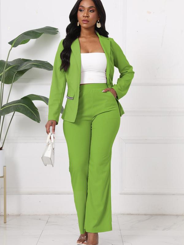 Two-piece Set Women's Solid Button Front Blazer & Pocket Flare Leg Pants, Elegant Lapel Neck Long Sleeve Outerwear & Bell Bottom Trousers for Work Office Business, Ladies Clothes for All Seasons, Fall Outfits, Fallfreshness Clothes, Fall Outfits 2024