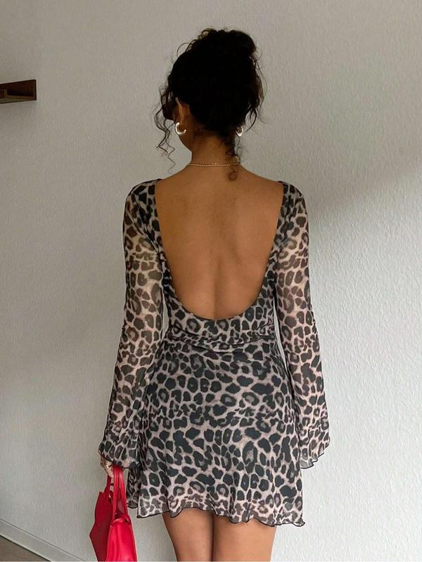 Women's Leopard Print Backless Mesh Dress, Dresses for Women, Fashion Casual Boat Neck Flounce Sleeve Short Dress for Daily Outdoor Wear, Women Dress for Spring Fall