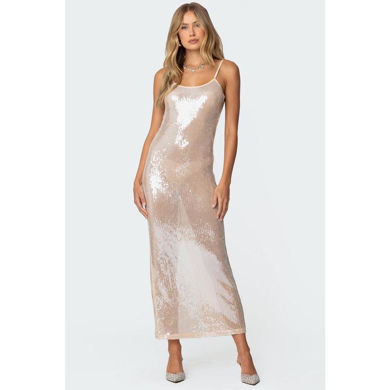 Sheer Sequin Slitted Maxi Dress