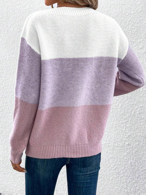 Women's Colorblock Striped Print Drop Shoulder Sweater, Casual Long Sleeve Round Neck Jumper for Daily Outdoor Wear, Women Knitwear for Fall & Winter, Sweaters for Women