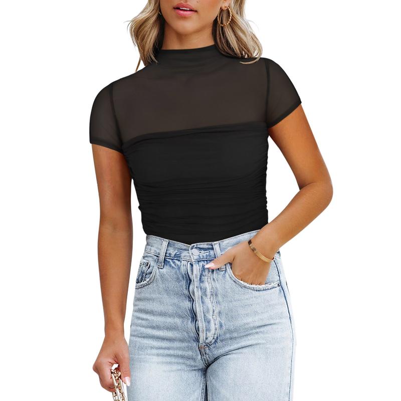 REORIA Women's Sexy Mock Turtle Neck Short Sleeve Shirts Sheer Mesh Ruched Trendy Going Out Bodysuits Tops