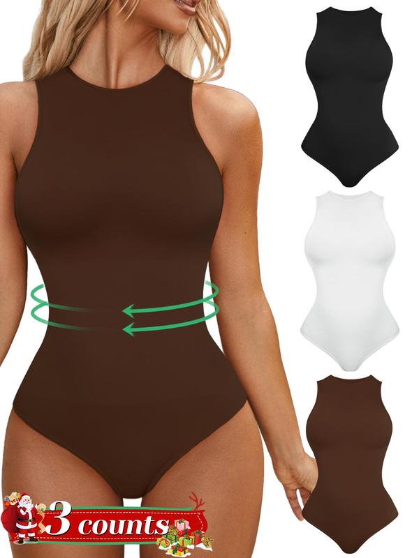 Women's Tummy Control Shapewear Bodysuit, Back To School Fall Shaper, Seamless Sleeveless Racerback Tank Thong Bodysuit