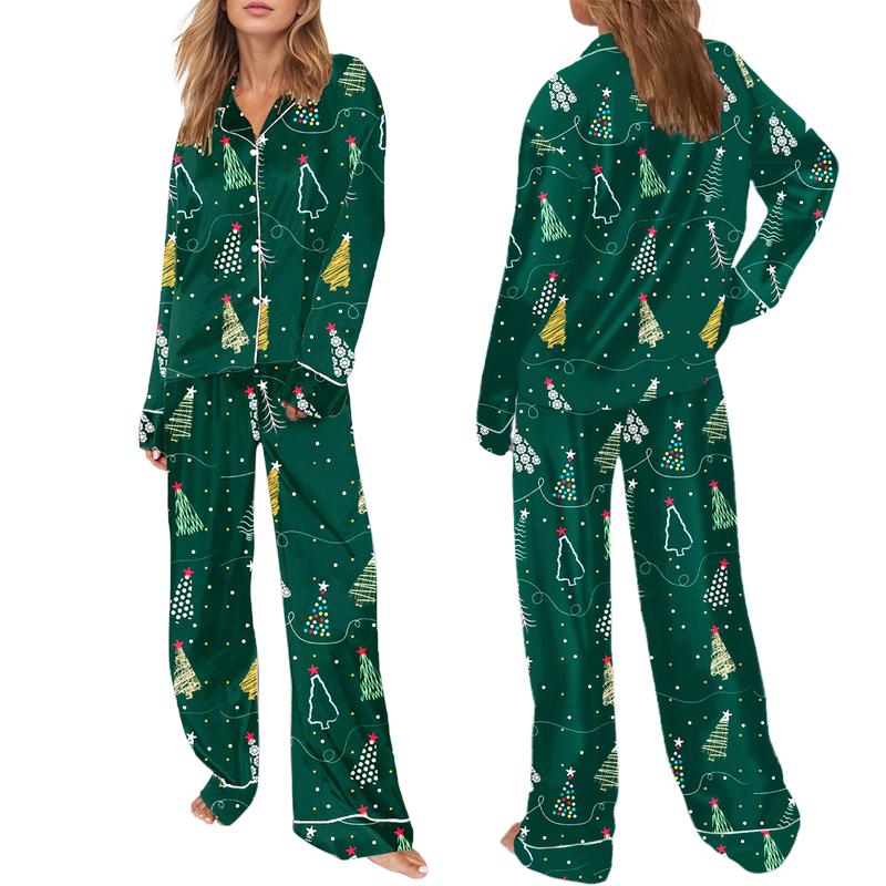 Women Christmas Pajamas Set 2 Pieces Loungewear Suits Bow Santa Tree Print Long Sleeve Shirts Tops and Pants Sleepwear Outfits Womenswear Check Light Pjs Trouser Pyjamas