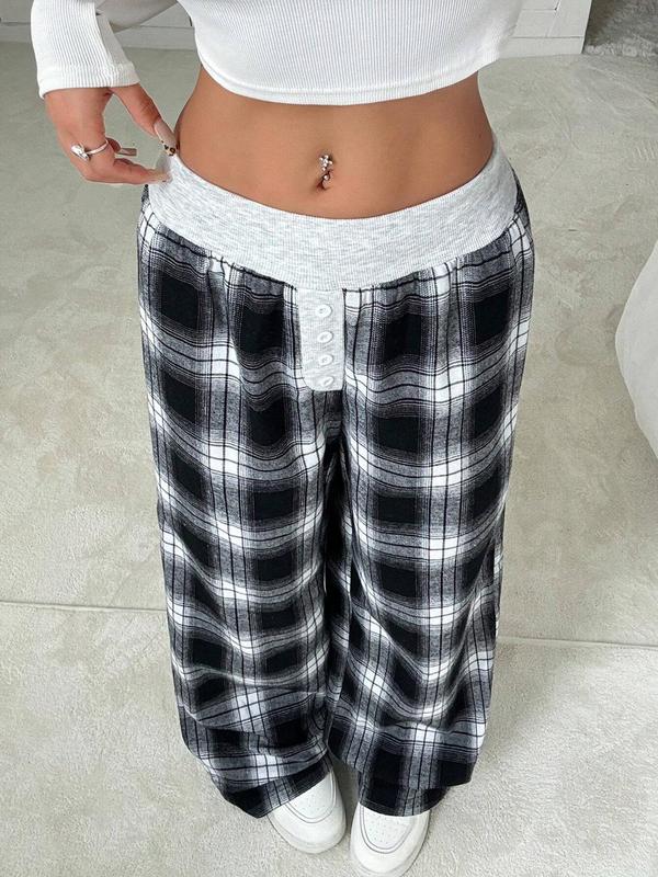 Women's Plaid Print Button Pants, Casual Comfy Trousers for Spring & Fall, Women's Bottoms for Daily Wear