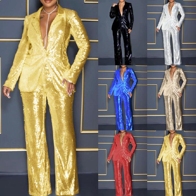 2024 Summer Cross-Border Jumpsuit European and American New Women's Long Sleeve V-neck Sequins Jumpsuit Two-Piece Set