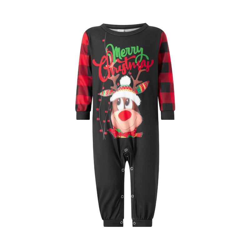 Family Christmas Pajamas Matching Set, Elk Print Raglan Sleeve Tops with Plaid Pants Sleepwear Set for Adult, Kid, Baby