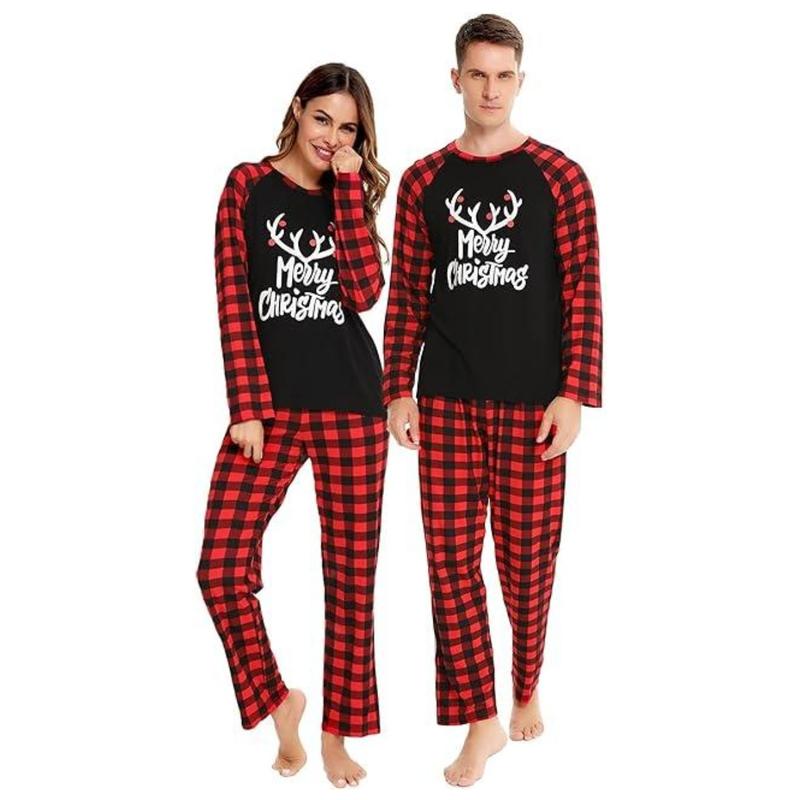 Couple's Christmas Themed Reindeer & Plaid Print Raglan Sleeve Pajama Two-piece Set, Casual Comfy Long Sleeve Top & Elastic Waist Pants Pj Set, Couple's Sleepwear for Spring & Fall, Matching Bf and Gf