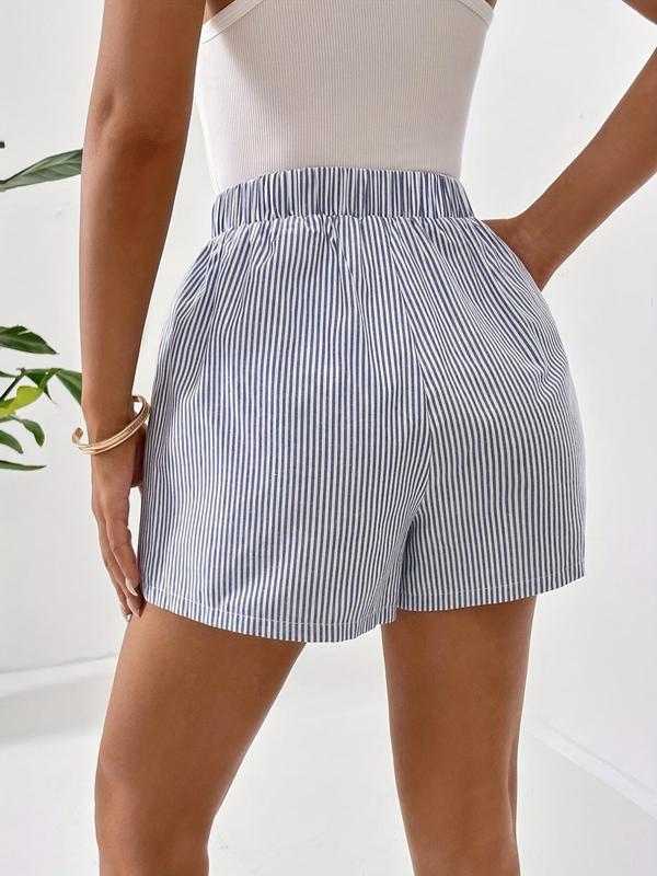 Women's Striped Print Pocket Elastic Waist Shorts, Casual Comfy Wide Leg Shorts for Summer, Shorts for Women, Fashion Women's Bottoms for Daily Wear, Back To School Outfit