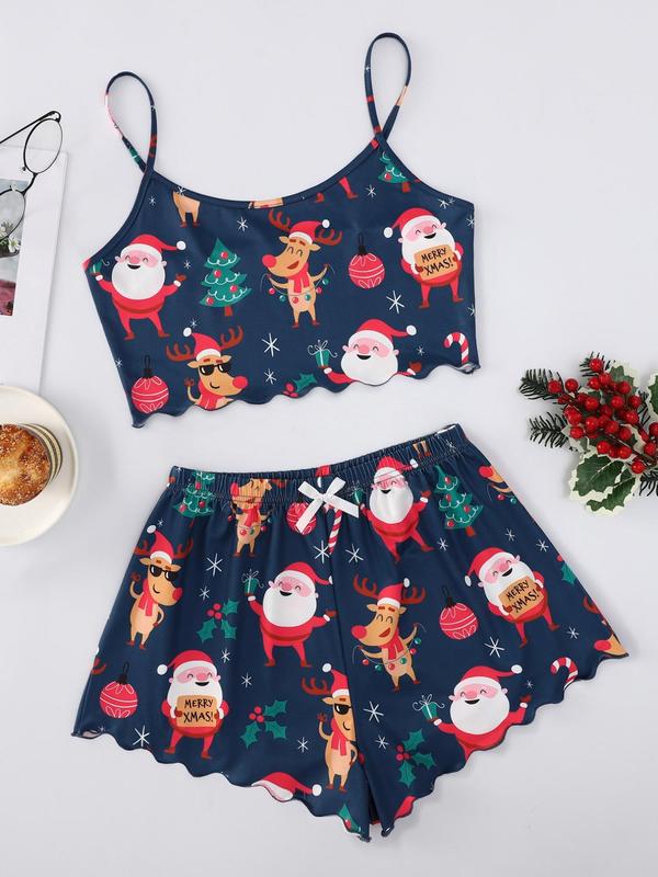 Women's Plus Size Two-Piece Set Cute Cartoon Print Lettuce Trim Crop Cami Top & Shorts Homewear Pajama Set, Casual Comfortable Co-ord Pj Set, Womenswear Plus Clothing Loungewear Sets, Lady Sleeveless Homewear