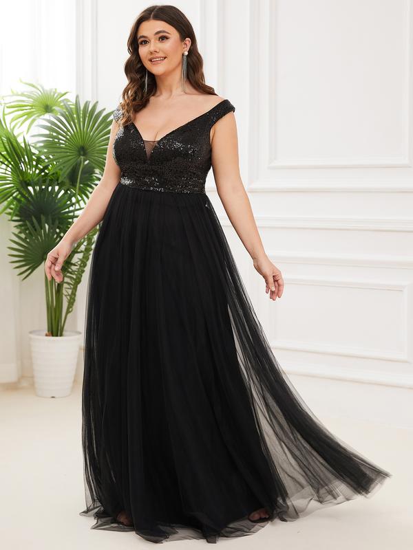 Ever-Pretty Shiny Sequin Bodice Off the Shoulder Maxi Tulle Evening Dress