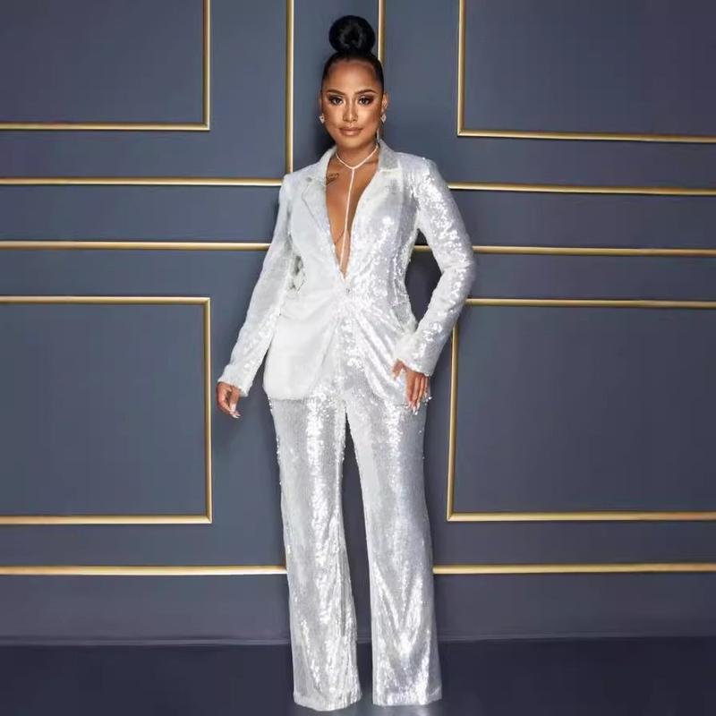 2024 Summer Cross-Border Jumpsuit European and American New Women's Long Sleeve V-neck Sequins Jumpsuit Two-Piece Set