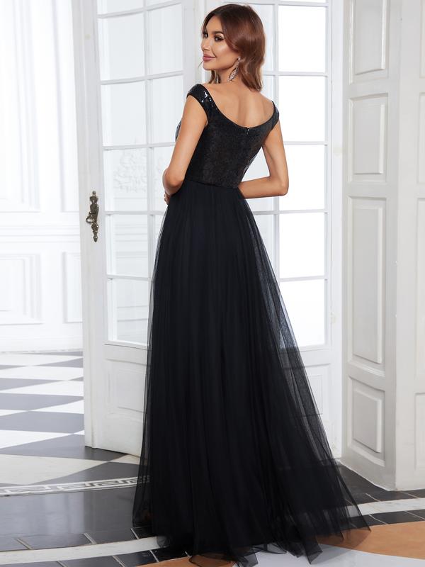 Ever-Pretty Shiny Sequin Bodice Off the Shoulder Maxi Tulle Evening Dress