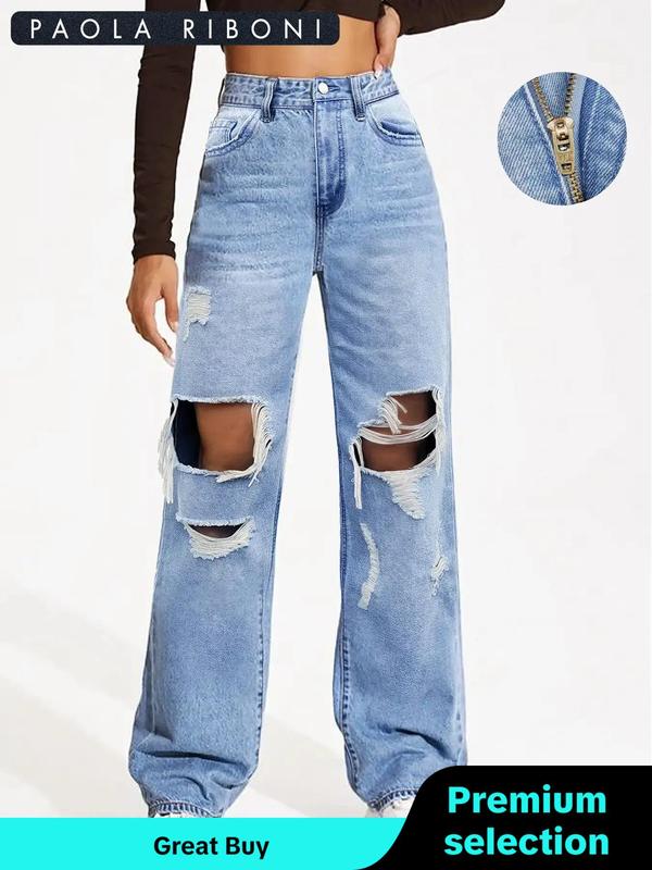 Women's Cut Out Ripped Wide Leg Jeans, Streetwear Basic Clothes Women, Mufti Clothes, High Waist Straight Leg Distressed Denim Pants for Outdoor Wear, Jeans for Women, Y2K Jeans, Fall Outfits 2024