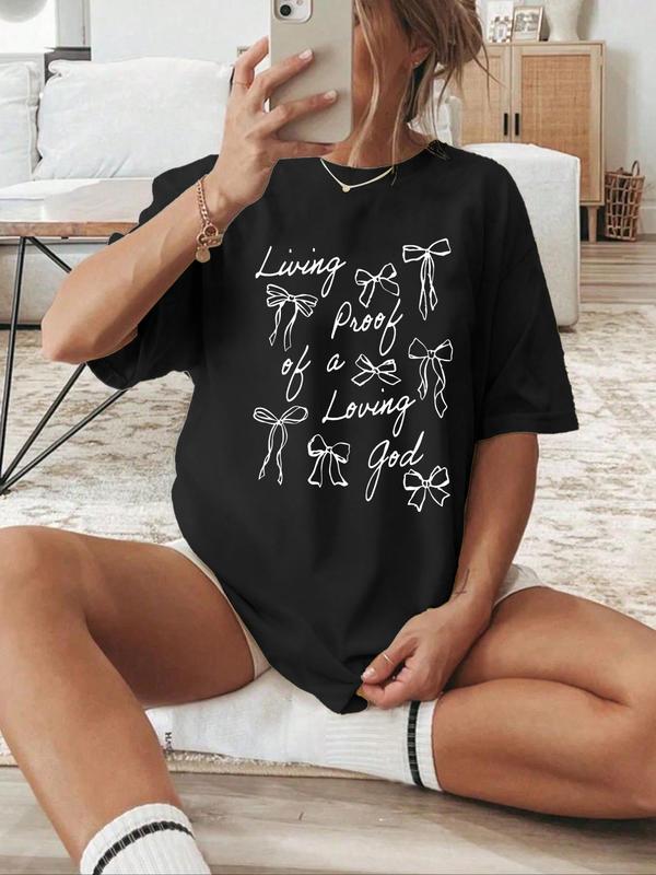 Women's Bow & Letter Print Round Neck Tee, Fashion Casual Drop Shoulder Half Sleeve T-shirt for Daily Wear, Ladies Summer Clothes