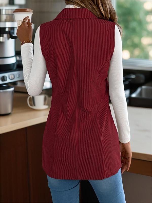 Women's Solid Button Front Lapel Vest Coat, Casual Sleeveless Outerwear for Fall & Winter, Ladies Clothes for Daily Wear