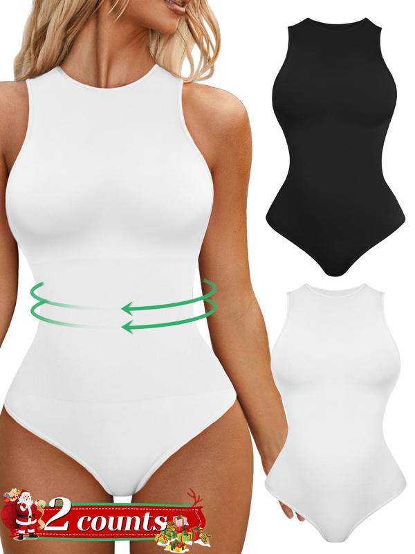 Women's Tummy Control Shapewear Bodysuit, Back To School Fall Shaper, Seamless Sleeveless Racerback Tank Thong Bodysuit