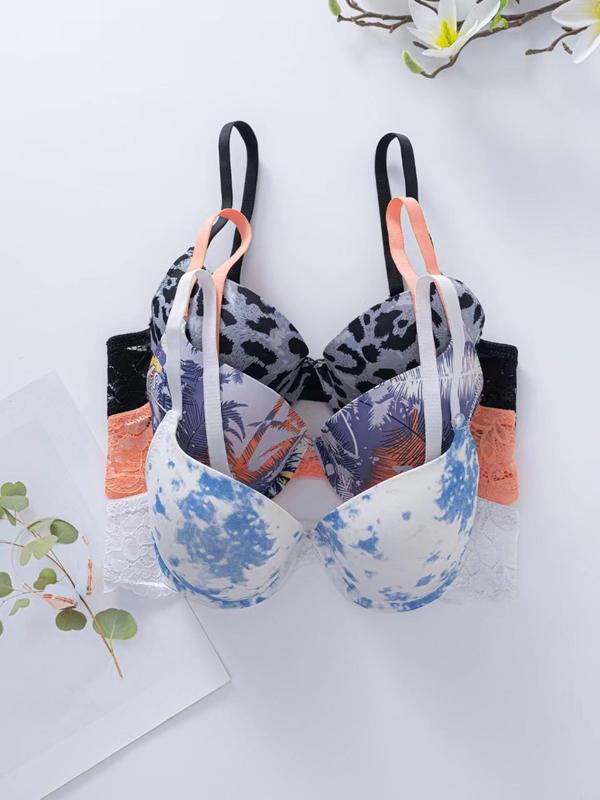 Women's Leopard & Tie Dye & Plant Print Contrast Lace Push Up Bra, Casual Adjustable Strap Underwire Bra, Soft Comfy Breathable Lingerie for All Seasons