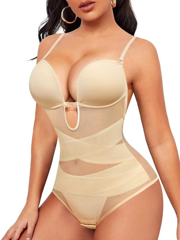 Women's Criss Cross Cut Out Sheer Shapewear Bodysuit, Adjustable Strap Contrast Mesh Bodysuit, Tummy Control Clothing, Summer Clothes, High Stretch Shaper for Daily Wear