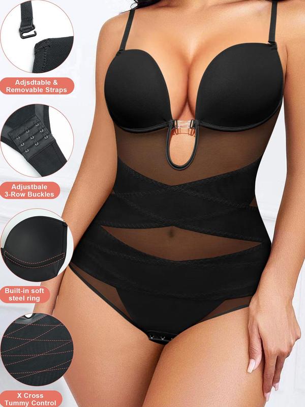 Women's Criss Cross Cut Out Sheer Shapewear Bodysuit, Adjustable Strap Contrast Mesh Bodysuit, Tummy Control Clothing, Summer Clothes, High Stretch Shaper for Daily Wear