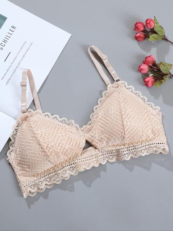 Women's Cut Out Scallop Wireless Lace Bra, Adjustable Strap Push Up Bra, Soft Comfy Breathable Lingerie for All Seasons