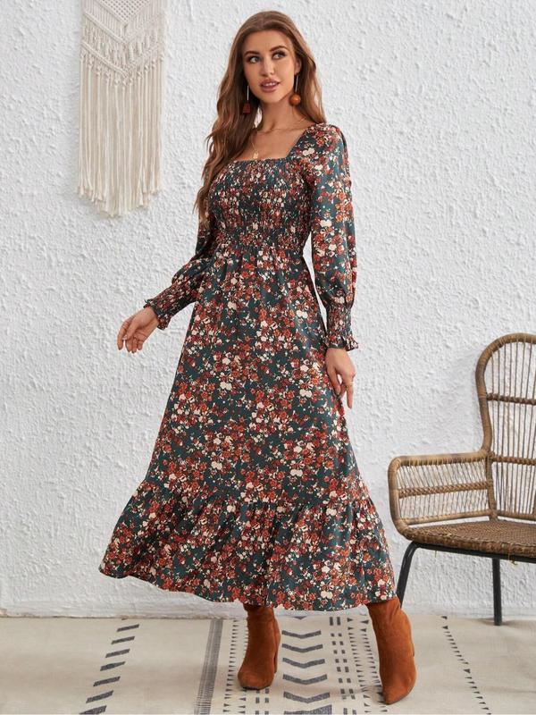 Women's Ditsy Floral Print Frill Trim Shirred A Line Dress, Elegant Bishop Sleeve Square Neck Long Dress for Fall, Fall Outfits, Birthday Dresses 2024, Women's Clothing for Daily Wear