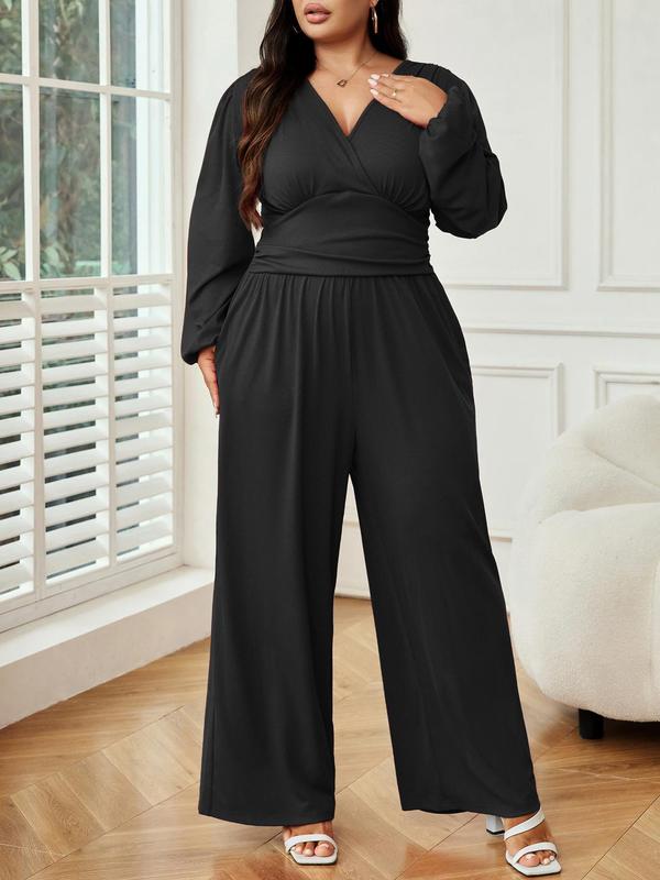 CURVZY Christmas Deals, Plus Size Solid Ruched Wrap V Neck Jumpsuit, Elegant Bishop Sleeve Jumpsuit for Party Holiday Wedding Guest, Women's Clothes for Autumn & Winter, Christmas 2024 Trend, Fall & Winter Clothes