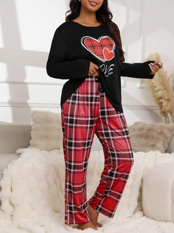  Two-piece Set Long Sleeve Heart Print Tee & Plaid Print Bow Decor Pants Pyjama, Casual Comfy Round Neck Top & Trousers Pj Set, Women's Sleepwear for Spring & Fall