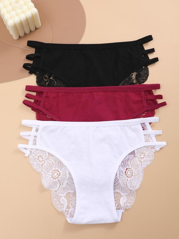 Women's 3pcs Plain Contrast Lace Cut Out Knicker, Soft Comfy Breathable Panty for Daily Wear, Underwear for All Seasons