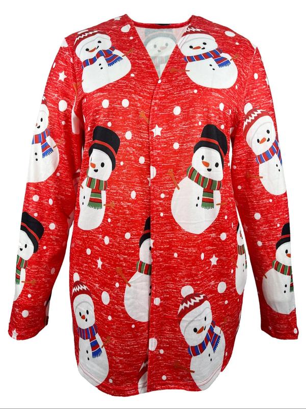  Snowman Print Open Front Coat, Casual Long Sleeve Outerwear for Fall & Winter, Women's Clothes for Daily Wear