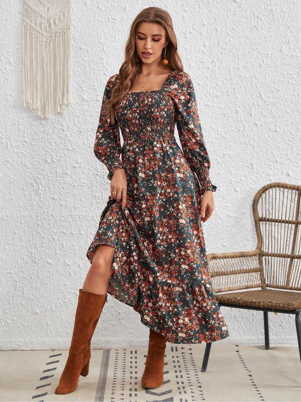 Women's Ditsy Floral Print Frill Trim Shirred A Line Dress, Elegant Bishop Sleeve Square Neck Long Dress for Fall, Fall Outfits, Birthday Dresses 2024, Women's Clothing for Daily Wear