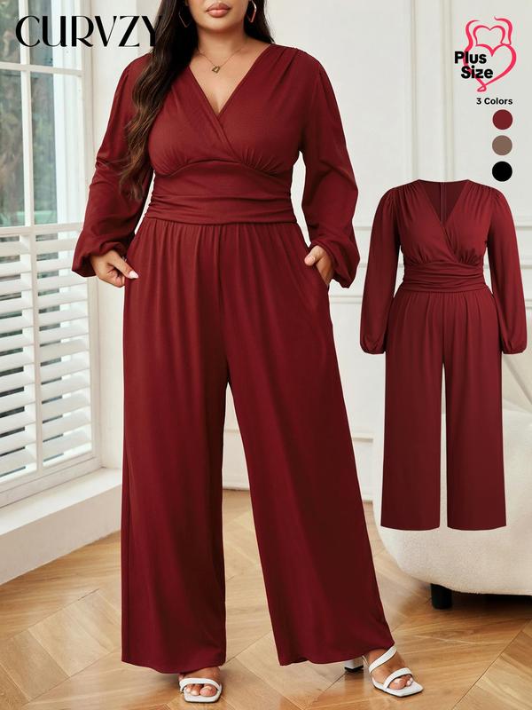 CURVZY Christmas Deals, Plus Size Solid Ruched Wrap V Neck Jumpsuit, Elegant Bishop Sleeve Jumpsuit for Party Holiday Wedding Guest, Women's Clothes for Autumn & Winter, Christmas 2024 Trend, Fall & Winter Clothes