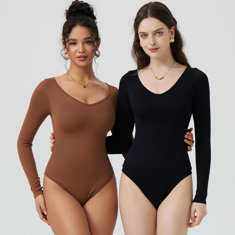 OQQ Women's 1 Piece Bodysuit Sexy Ribbed T Shirt One Piece V Neck Long Sleeve Bodysuit Women's Stretchy