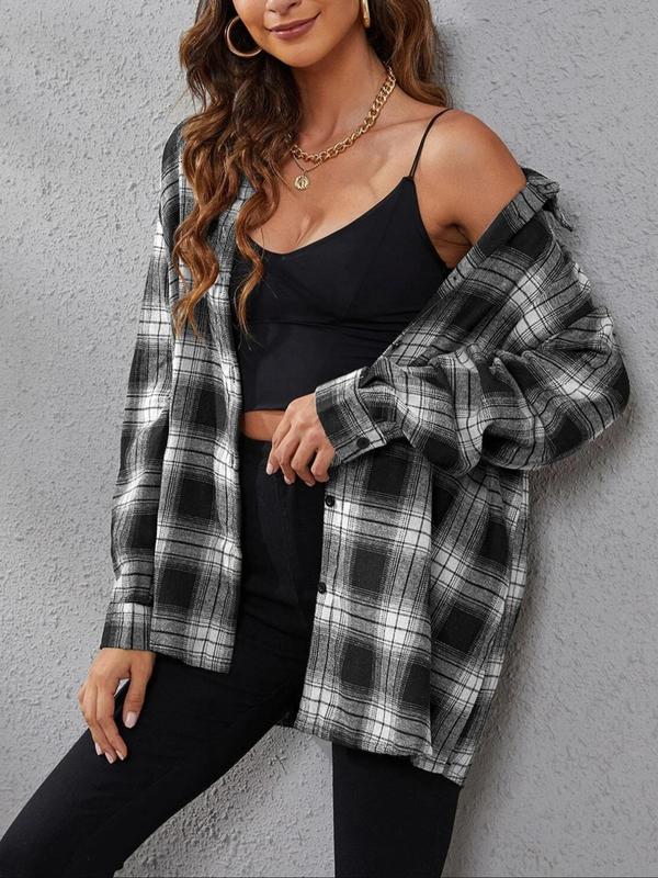 Women's Plaid Print Button Front Drop Shoulder Shirt, Casual Long Sleeve Collared Top for Fall & Winter, Women's Clothes for Daily Wear