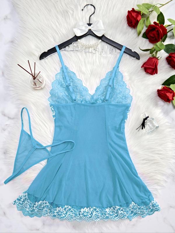 Women's Contrast Floral Lace Bow Decor Cami Nightdress & Thong Sexy Lingerie Set, Adjustable Spaghetti Strap Nightgown & Panty, Ladies Sleepwear Set