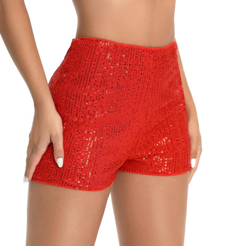 Women's Summer Sequins Shorts Mid Waist Elastic Band Sparkly Straight Leg Shorts Glitter Hot Pants for Party