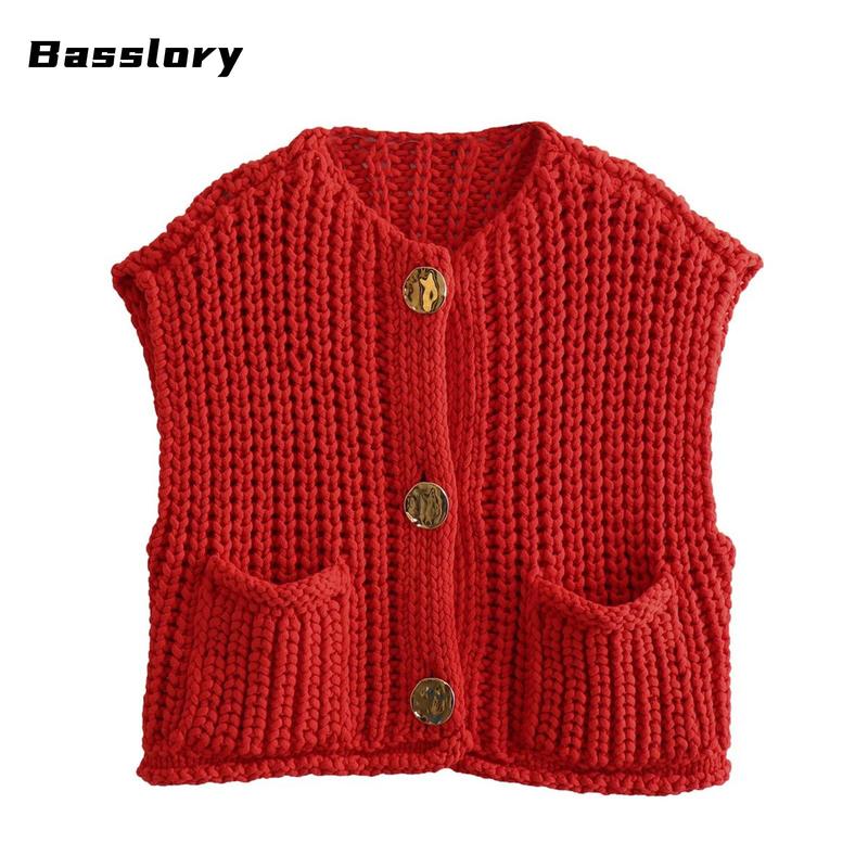 Women Sweater Tank Tops Solid Color Button Front V-Neck Knit Vest Sleeveless Knitwear Cardigan for Streetwear Spring Womenswear