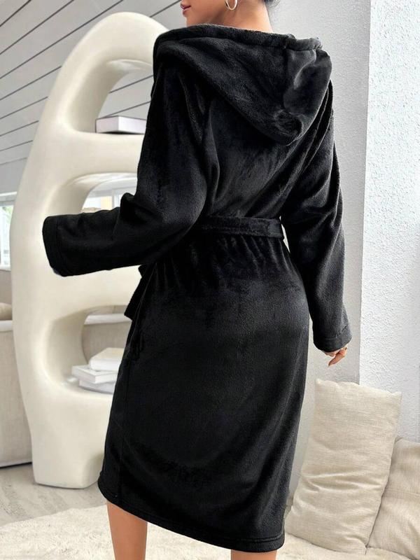 Women's Solid Belted Pocket Hooded Flannel Robe, Casual Long Sleeve Thermal Lined Robe, Women's Sleepwear for Fall & Winter