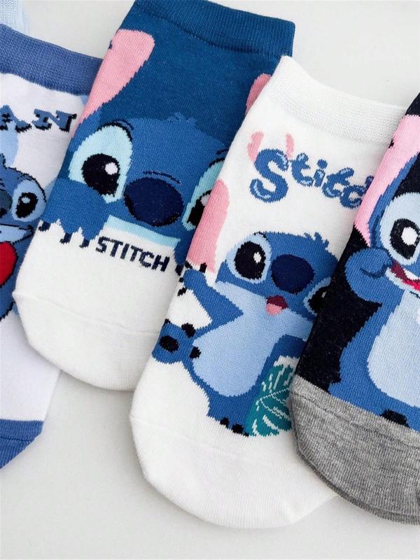 Cartoon Stitch Pattern & Letter Print Ankle Socks, Cute Comfy Breathable Socks for Women, Multipack Knit Crew Socks, Women's Socks & Hosiery