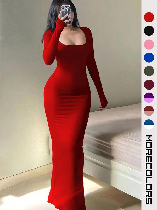 Women's Solid Scoop Neck Bodycon Long Dress, Casual Long Sleeve Mermaid Dress for Fall & Winter, Women's Clothing for Daily Wear