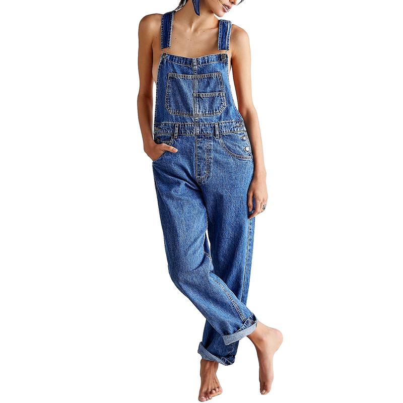 Women's Casual Stretch Adjustable Denim Bib Overalls Jeans Pants Jumpsuits with Pockets