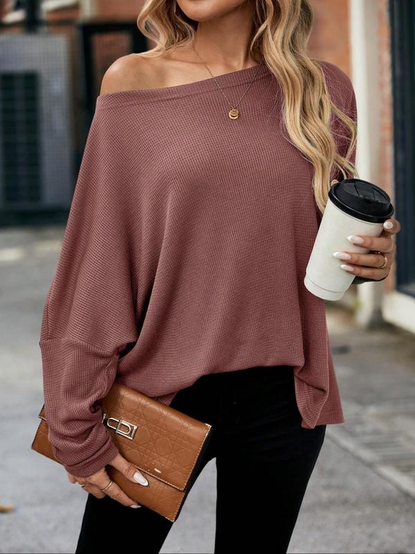 Women's Plain Textured Batwing Sleeve Tee, Casual Drop Shoulder Long Sleeve T-shirt for Spring & Fall, Women's Top for Daily Wear