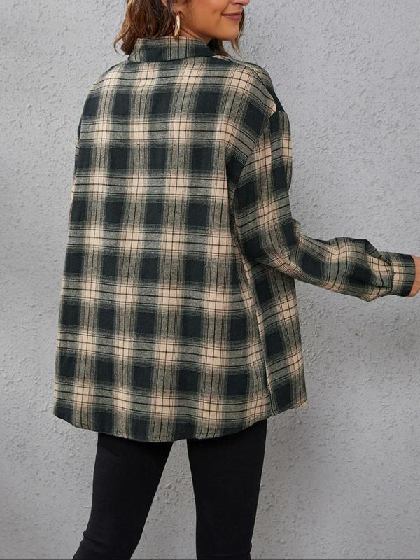 Women's Plaid Print Button Front Drop Shoulder Shirt, Casual Long Sleeve Collared Top for Fall & Winter, Women's Clothes for Daily Wear