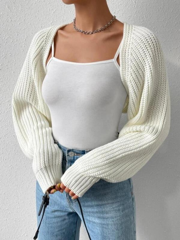 Women's Solid Raglan Sleeve Open Front Crop Shrug Cardigan, Casual Long Sleeve Knitting Cardigan Sweater for Spring & Fall, Fashion Women's Knitwear for Daily Wear, Cardigan for Women, Summer Clothes Women