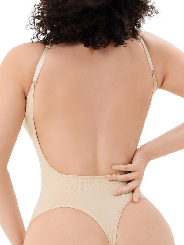 Women's Solid Backless Shapewear Bodysuit, Adjustable Strap Seamless Tummy Control Shaper, Women's Shapewear for Daily Wear