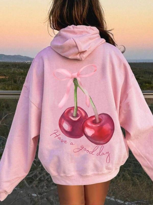 Women's Cherry & Letter Print Drop Shoulder  Thermal Lined Hoodie, Fashion Casual Drawstring Pocket Hooded Sweatshirt for Daily Holiday Outdoor Wear, Ladies Clothes for Fall & Winter