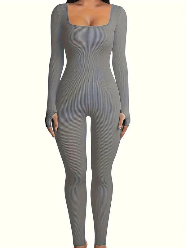 Women's Solid Ribbed Long Sleeve Shapewear Jumpsuit, Casual Comfy Square Neck Tummy Control Shapewear Jumpsuit for Daily Wear, Ladies Sleepwear for All Seasons, Fall Wear, Fallfreshness