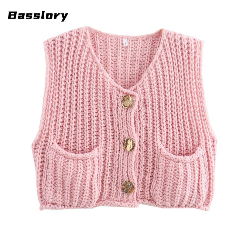 Women Sweater Tank Tops Solid Color Button Front V-Neck Knit Vest Sleeveless Knitwear Cardigan for Streetwear Spring Womenswear