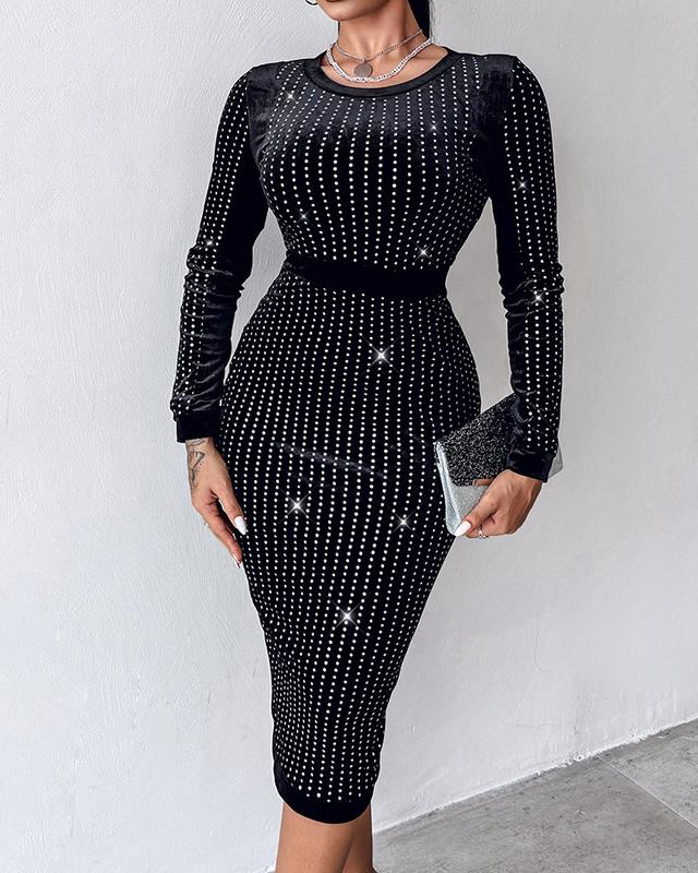 ChicMe Women Rhinestone Long Sleeve Dress Crewneck Neck Bodycon Dresses Evening Gown Club Night Outfit