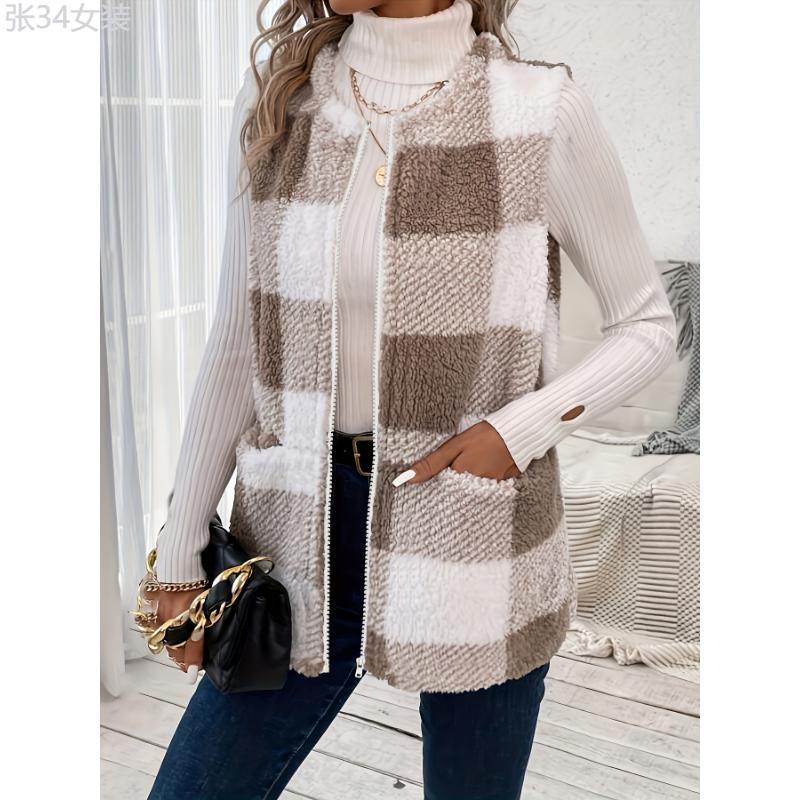 Plus Size Plaid Fuzzy Vest Jacket, Elegant, Sleeveless, Warm, Fall Winter Collar Fabric