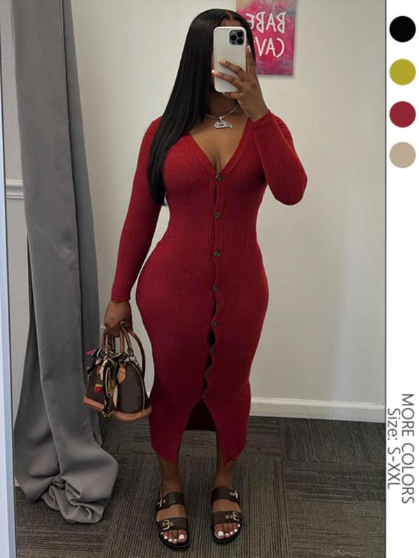 Women's Plain Button Front V Neck Bodycon Dress, Casual Long Sleeve Ribbed Midi Dress for Fall & Winter, Women's Clothing for Daily Wear